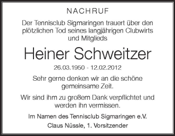 Anzeige von Heiner Schweitzer von Schwäbische Zeitung