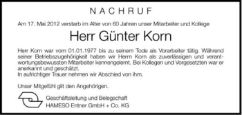 Anzeige von Günter Korn von Schwäbische Zeitung