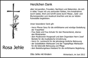 Anzeige von Rosa Jehle von Schwäbische Zeitung