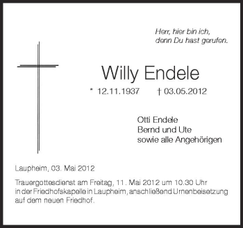 Anzeige von Willy Endele von Schwäbische Zeitung