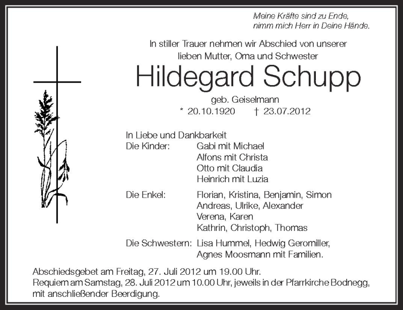  Traueranzeige für Hildegard Schupp vom 26.07.2012 aus Schwäbische Zeitung