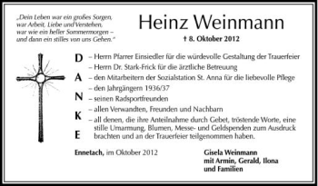 Anzeige von Heinz Weinmann von Schwäbische Zeitung