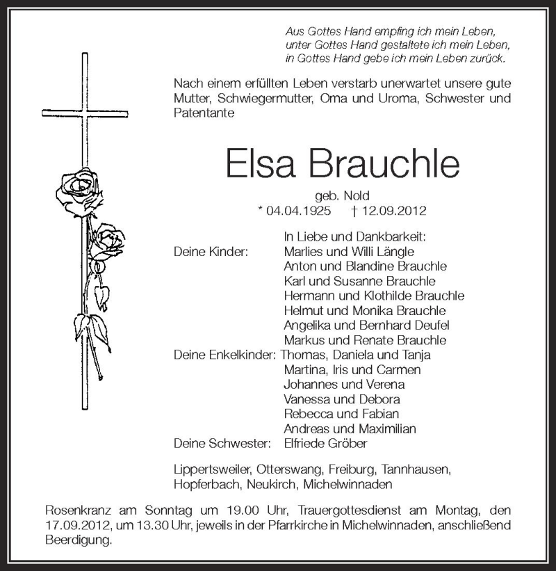  Traueranzeige für Elsa Brauchle vom 14.09.2012 aus Schwäbische Zeitung