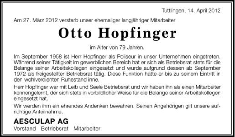  Traueranzeige für Otto Hopfinger vom 14.04.2012 aus Schwäbische Zeitung
