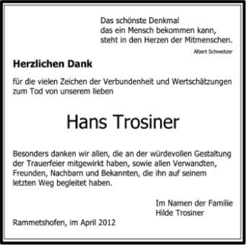 Anzeige von hans Trosiner von Schwäbische Zeitung