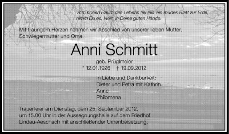  Traueranzeige für Anni Schmitt vom 21.09.2012 aus Schwäbische Zeitung