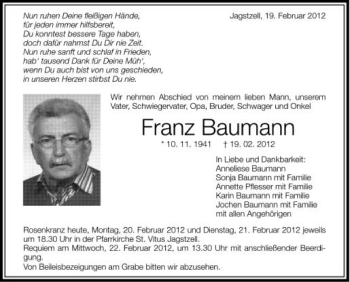 Anzeige von Franz Baumann von Schwäbische Zeitung