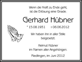 Anzeige von Gerhard Hübner von Schwäbische Zeitung