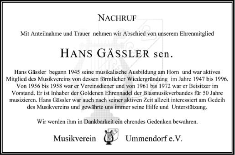  Traueranzeige für Hans Gässler vom 04.07.2012 aus Schwäbische Zeitung