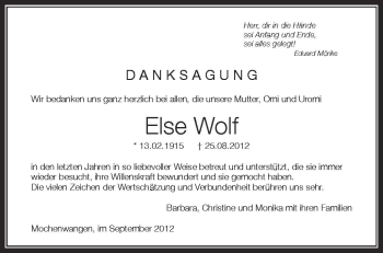 Anzeige von Else Wolf von Schwäbische Zeitung