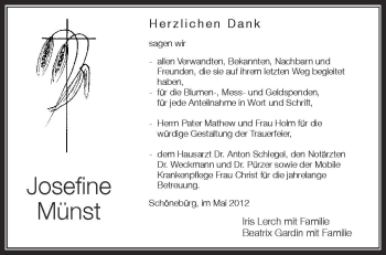 Anzeige von Josefine Münst von Schwäbische Zeitung