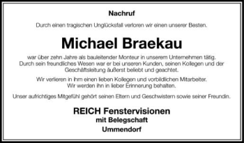 Anzeige von Michael Braekau von Schwäbische Zeitung