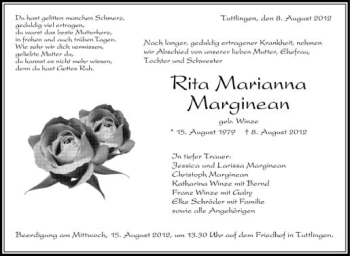 Anzeige von Rita Marianna Marginean von Schwäbische Zeitung