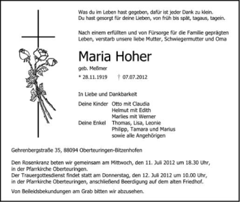Anzeige von Maria Hoher von Schwäbische Zeitung