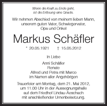 Anzeige von Markus Schäfler von Schwäbische Zeitung