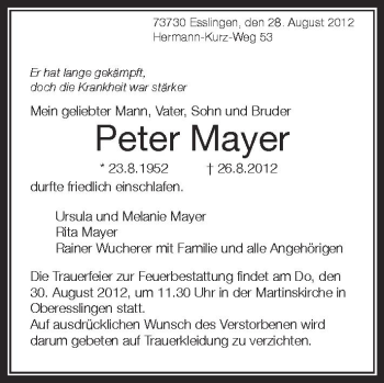Anzeige von Peter Mayer von Schwäbische Zeitung