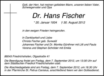 Anzeige von Hans Fischer von Schwäbische Zeitung