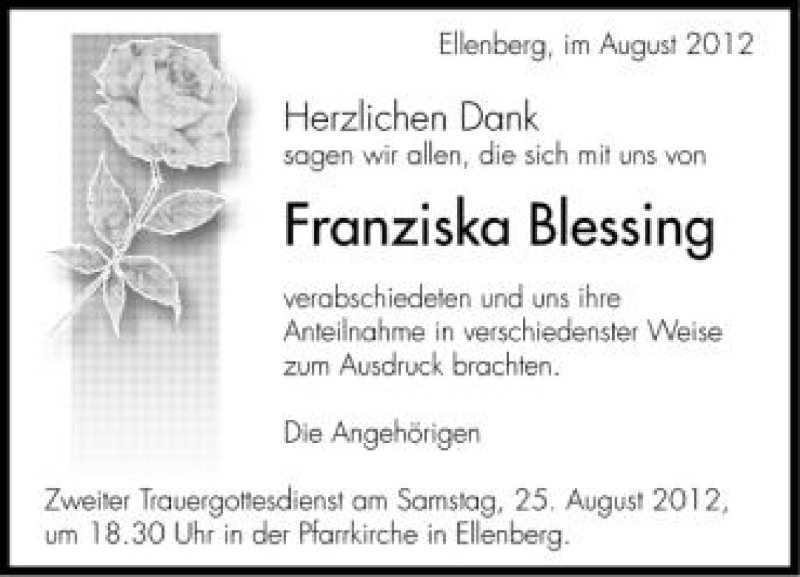  Traueranzeige für Franziska Blessing vom 23.08.2012 aus Schwäbische Zeitung