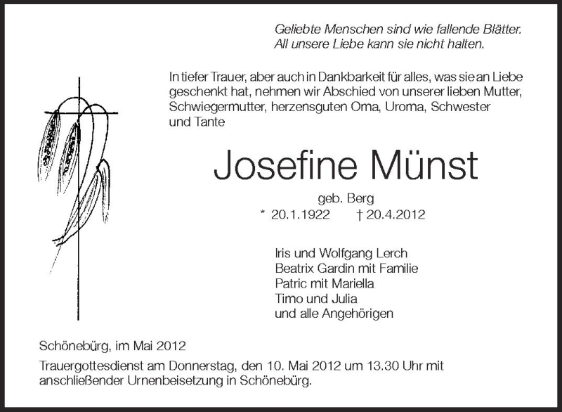 Traueranzeige für Josefine Münst vom 07.05.2012 aus Schwäbische Zeitung