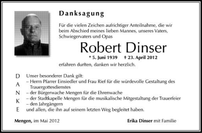  Traueranzeige für Robert Dinser vom 11.05.2012 aus Schwäbische Zeitung