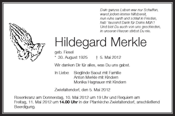Anzeige von Hildegard Merkle von Schwäbische Zeitung