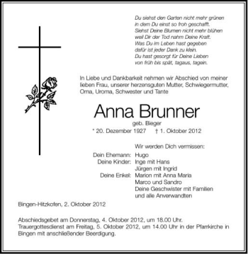 Anzeige von Anna Brunner von Schwäbische Zeitung