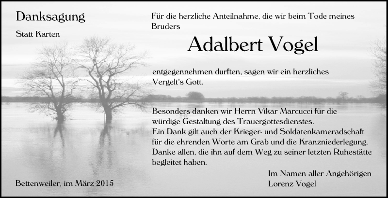  Traueranzeige für Adalbert Vogel vom 20.03.2015 aus Schwäbische Zeitung