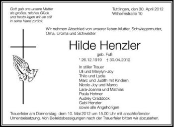 Anzeige von Hilde Henzler von Schwäbische Zeitung
