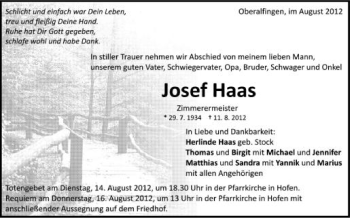 Anzeige von Josef Haas von Schwäbische Zeitung