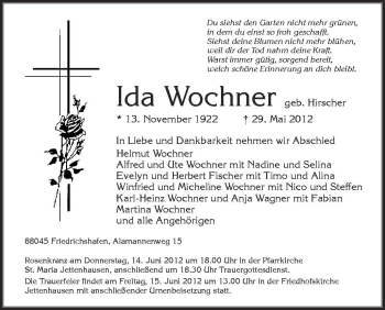 Anzeige von Ida Wochner von Schwäbische Zeitung
