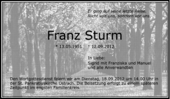 Anzeige von Franz Sturm von Schwäbische Zeitung