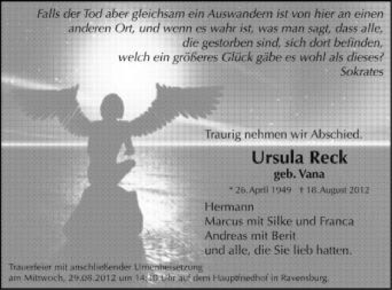  Traueranzeige für Ursula Reck vom 25.08.2012 aus Schwäbische Zeitung