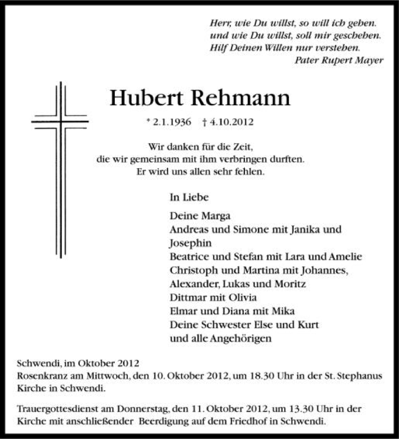  Traueranzeige für Hubert Rehmann vom 08.10.2012 aus Schwäbische Zeitung