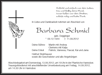 Anzeige von Barbara Schmid von Schwäbische Zeitung