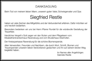 Anzeige von Siegfried Restle von Schwäbische Zeitung