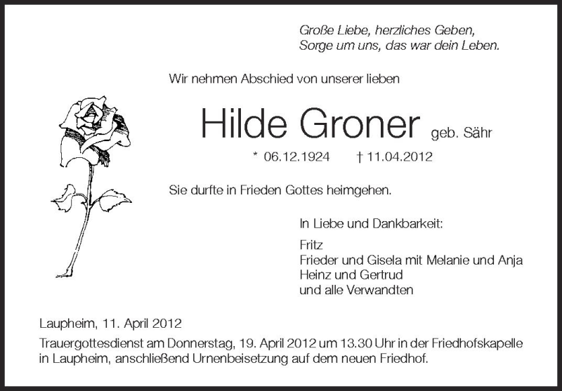  Traueranzeige für Hilde Groner vom 17.04.2012 aus Schwäbische Zeitung