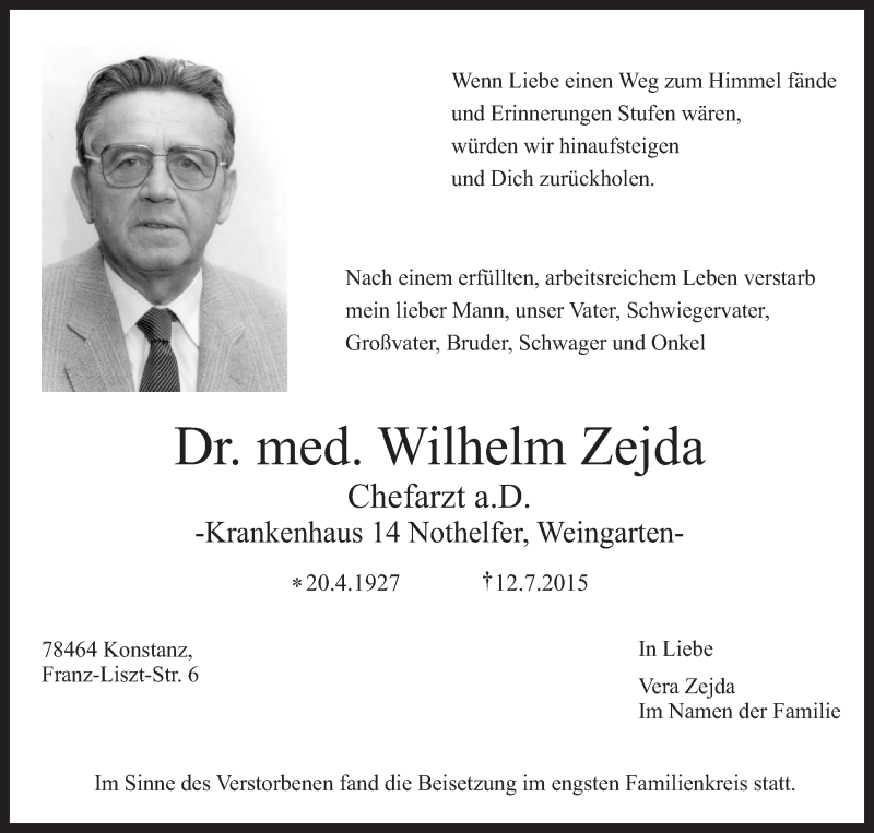  Traueranzeige für Wilhelm Zejda vom 25.07.2015 aus Schwäbische Zeitung