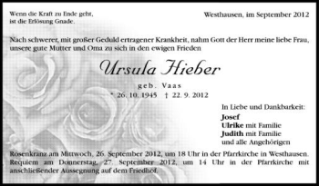 Anzeige von Ursula Hieber von Schwäbische Zeitung