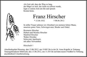 Anzeige von Franz Hirscher von Schwäbische Zeitung