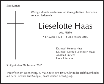 Anzeige von Lieselotte Haas von Schwäbische Zeitung