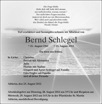 Anzeige von Bernd Schlegel von Schwäbische Zeitung