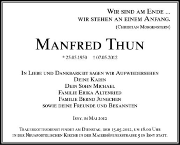 Anzeige von Manfred Thun von Schwäbische Zeitung