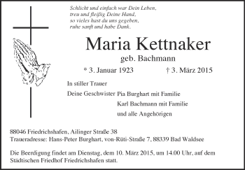 Anzeige von Maria Kettnaker von Schwäbische Zeitung