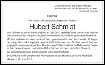 Anzeige von Hubert Schmidt von Schwäbische Zeitung