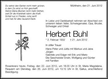 Anzeige von Herbert Buhl von Schwäbische Zeitung