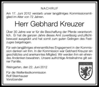 Anzeige von Gebhard Kreuzer von Schwäbische Zeitung