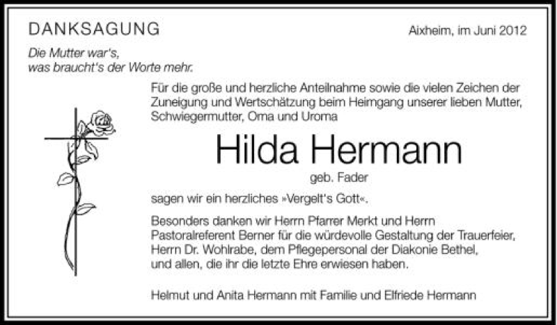  Traueranzeige für Hilda Hermann vom 15.06.2012 aus Schwäbische Zeitung