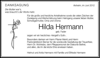 Anzeige von Hilda Hermann von Schwäbische Zeitung