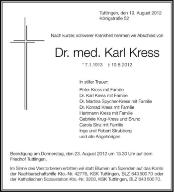 Anzeige von Karl Kress von Schwäbische Zeitung