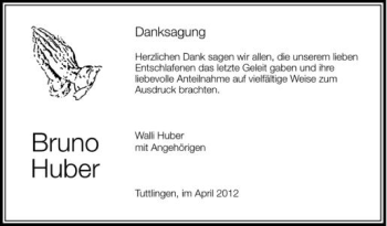 Anzeige von Bruno Huber von Schwäbische Zeitung